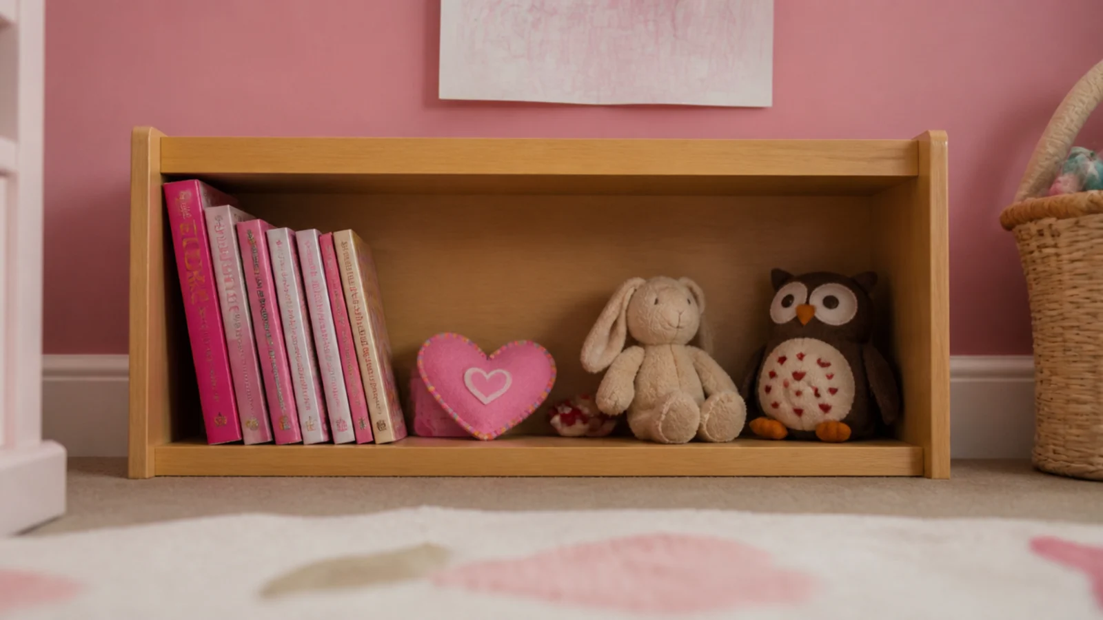 low shelf of pink toys and books within reach of a small child