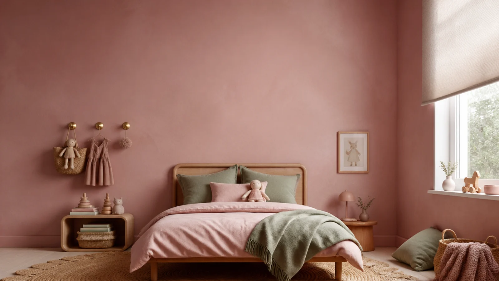 tall pink toddler girl bedroom with clay walls sage accents and low bed