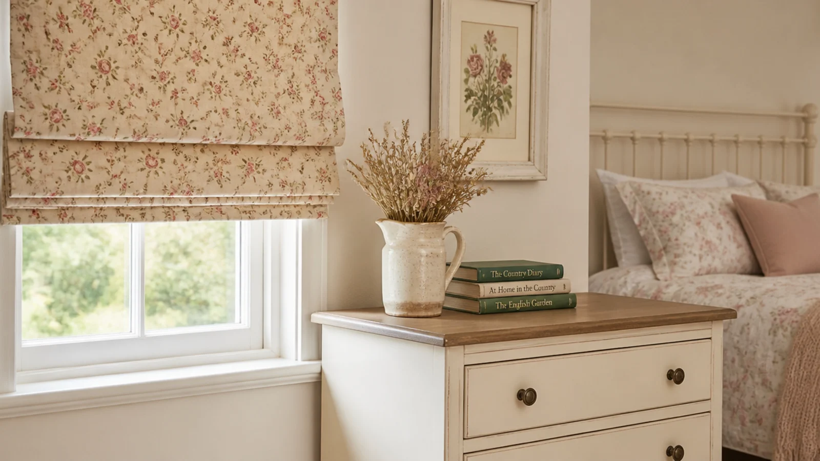 small floral fabric roman blind above a painted cream bedroom chest