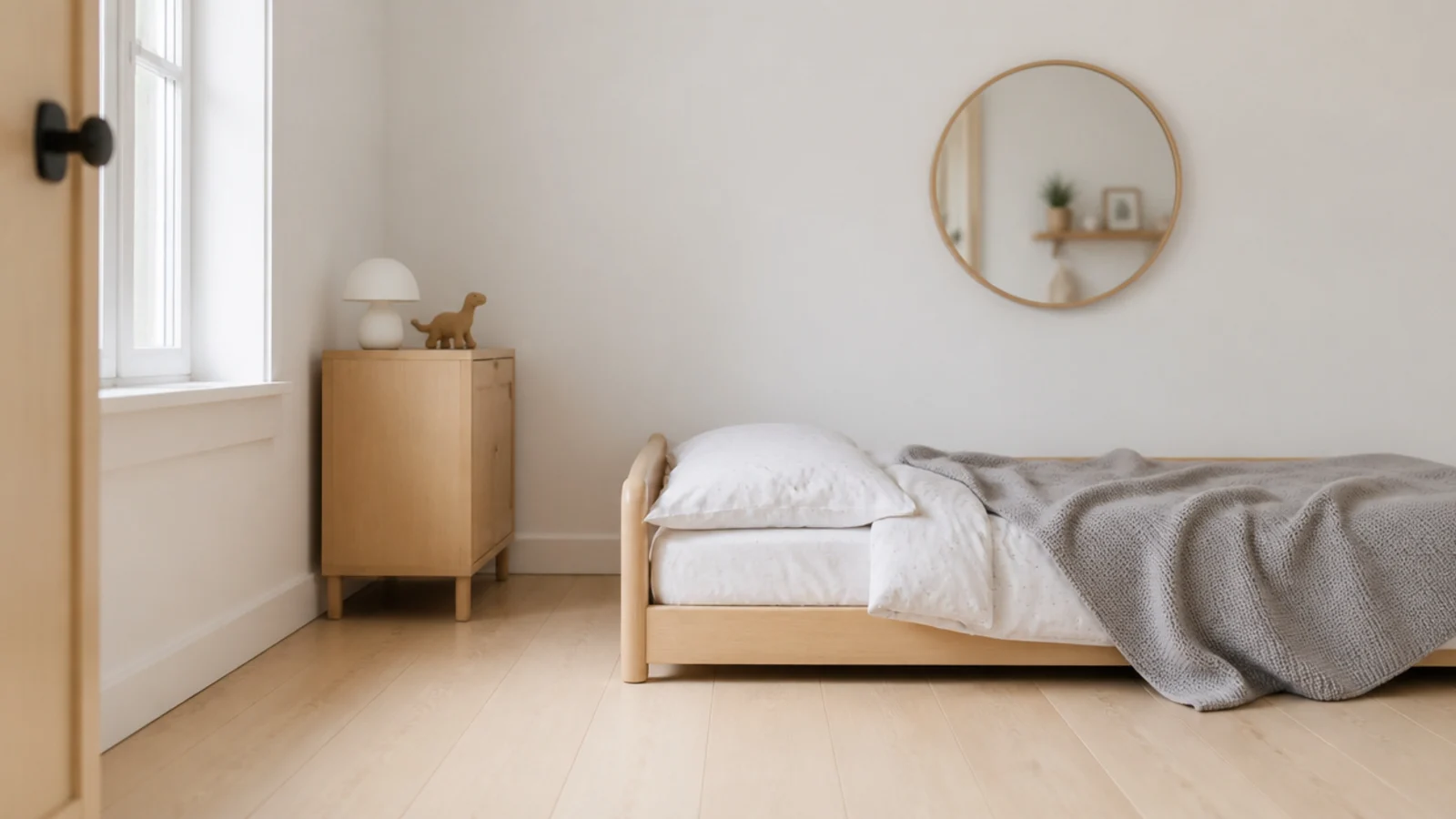 pale wood and white bedroom with one grey blanket and no pattern