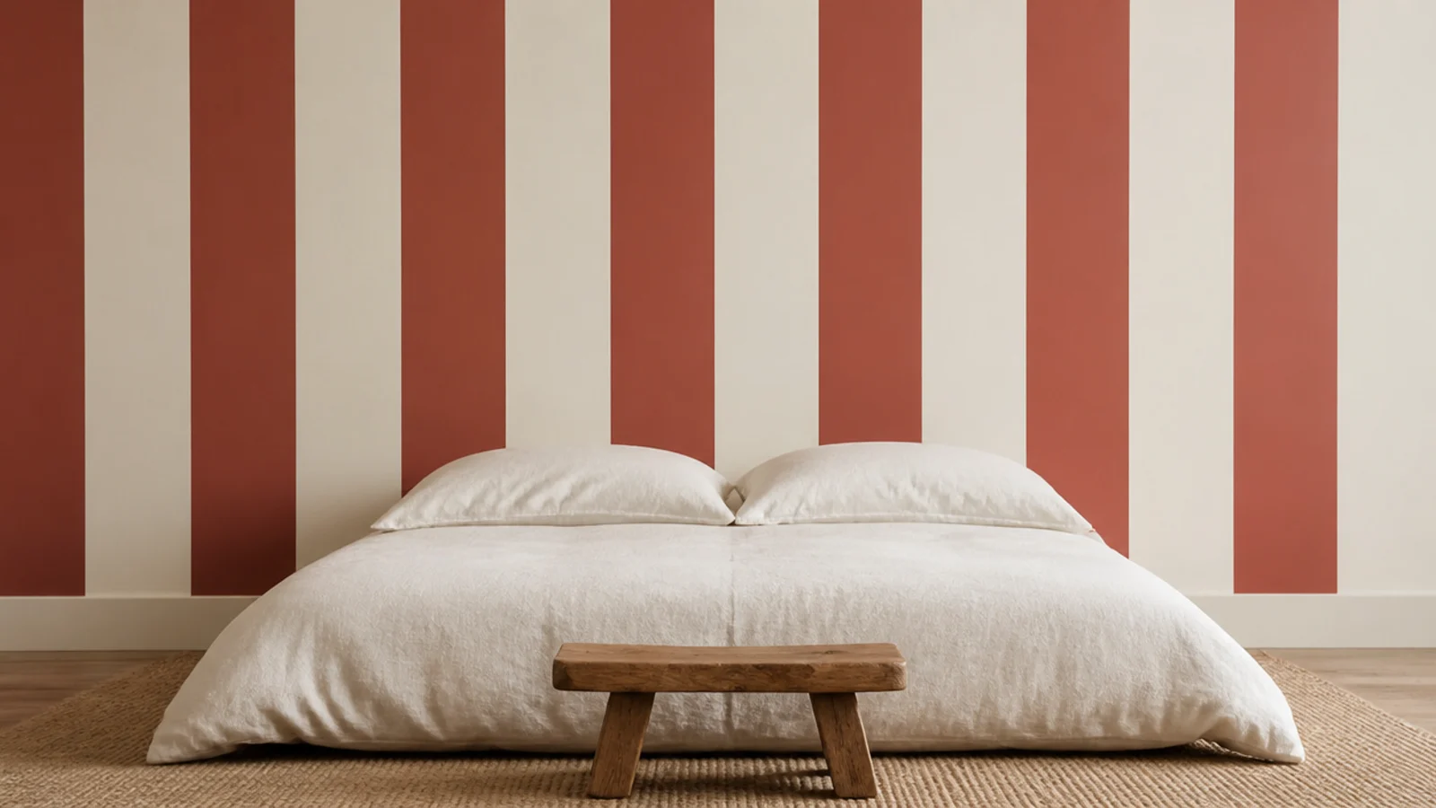 wide painted vertical stripes in soft red and cream on a bedroom wall