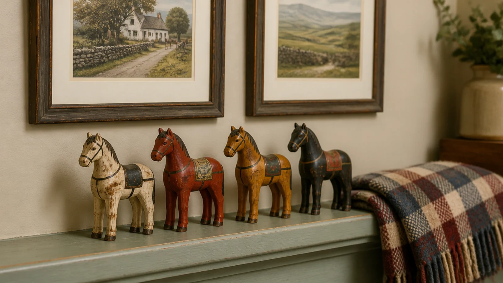 wooden horse figures lined along a low shelf under framed field prints