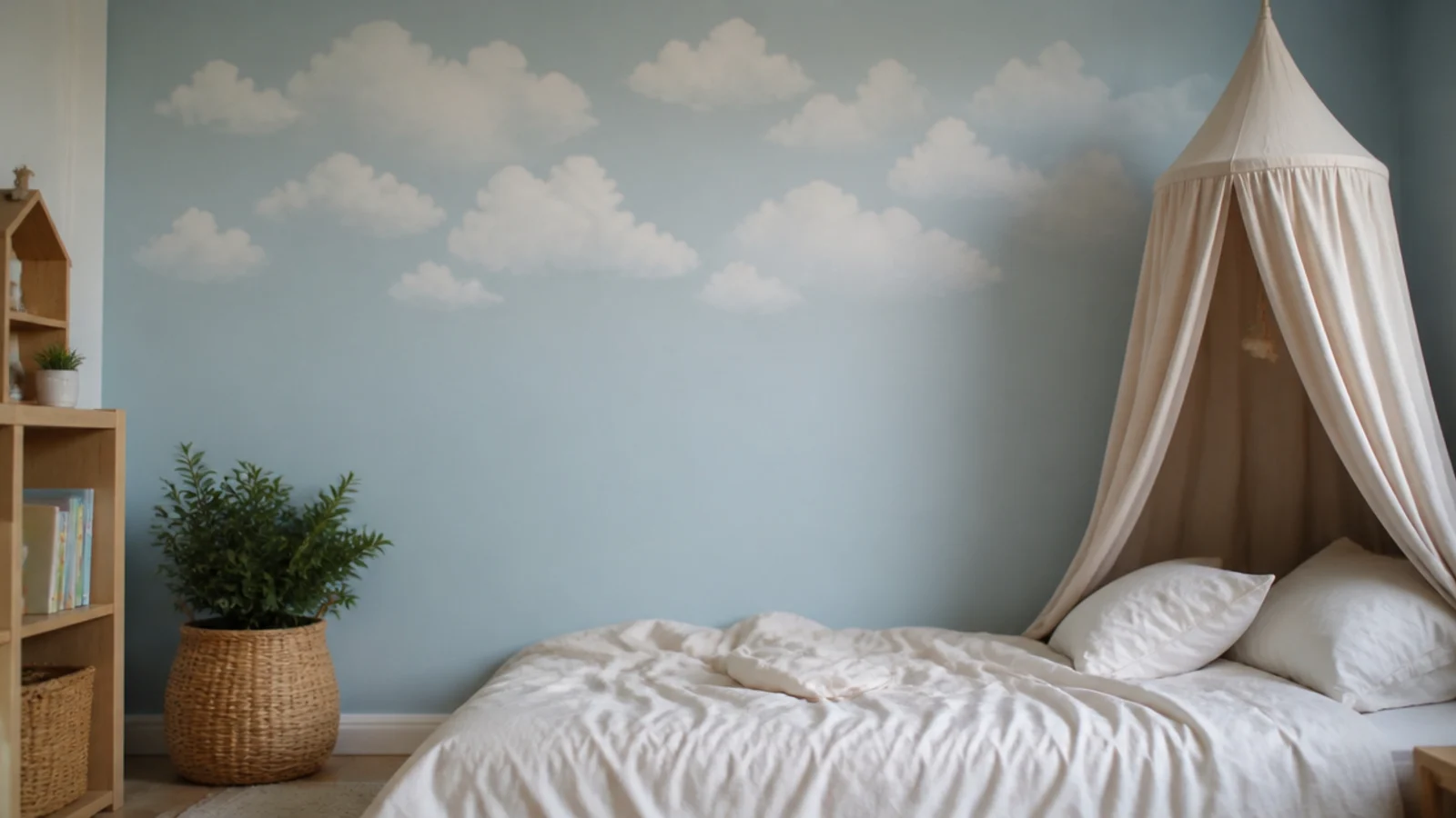 soft painted clouds drifting across the upper part of a bedroom wall
