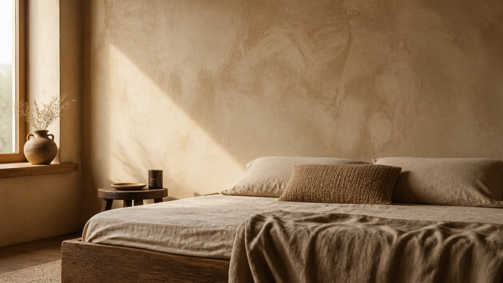 mottled limewash wall in warm sand behind a low child bed