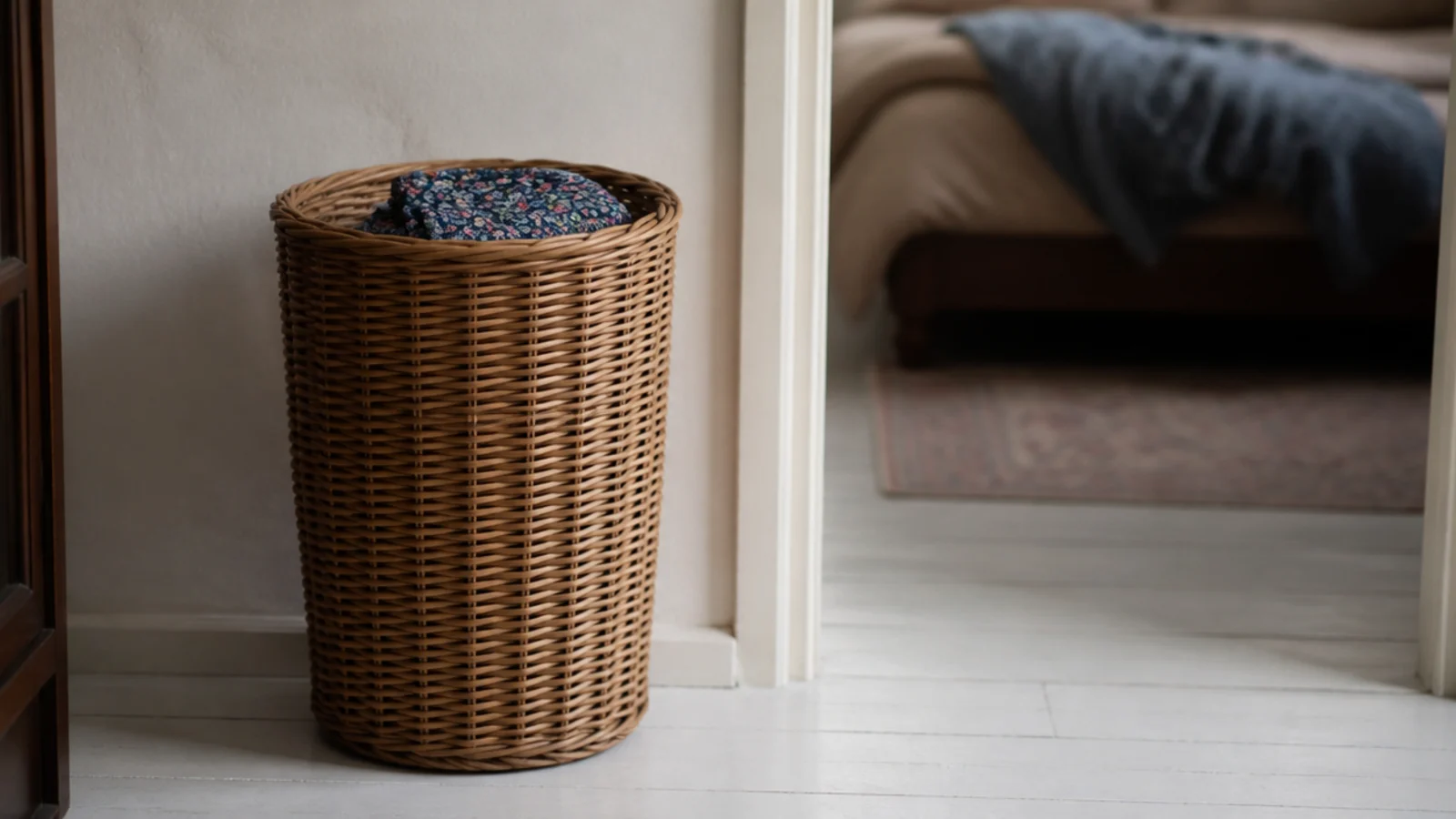 open wicker laundry hamper standing beside a bedroom doorway