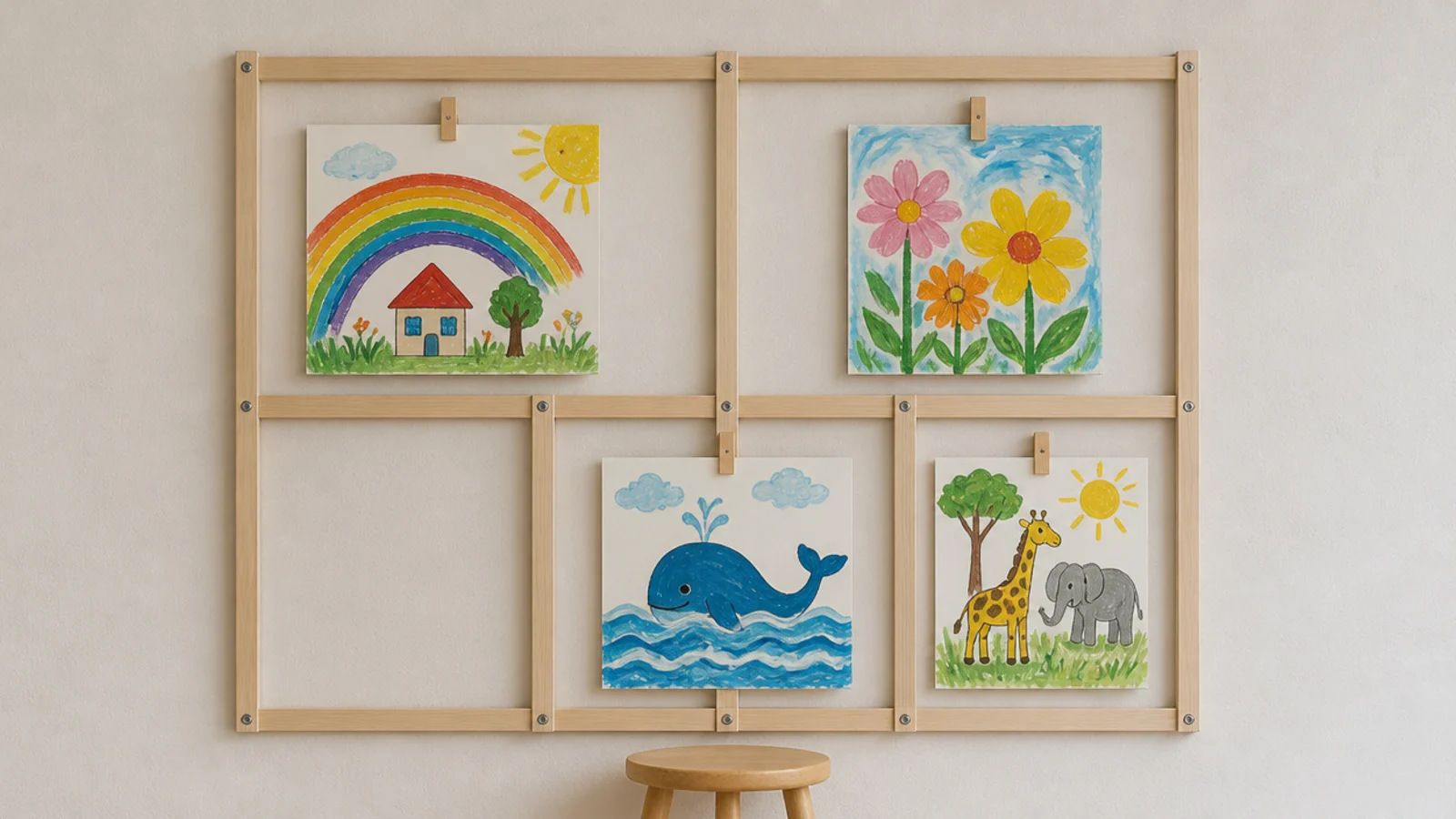 slim timber grid fixed to a wall displaying child paintings with clips