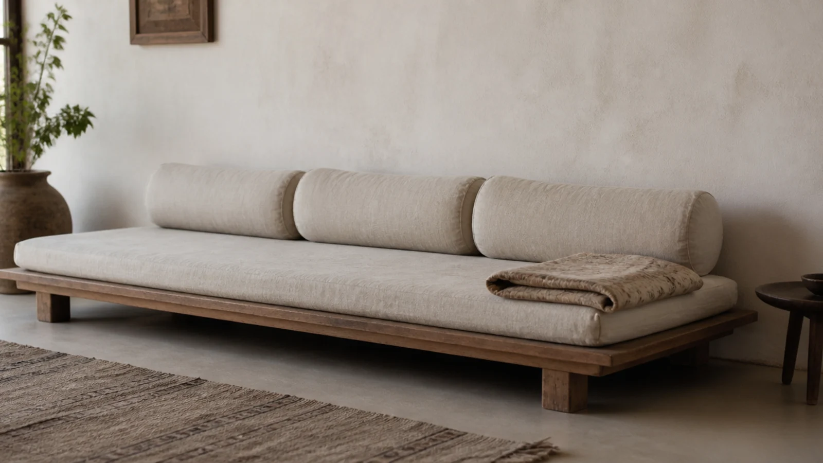 low daybed against a wall with three long bolsters along the back