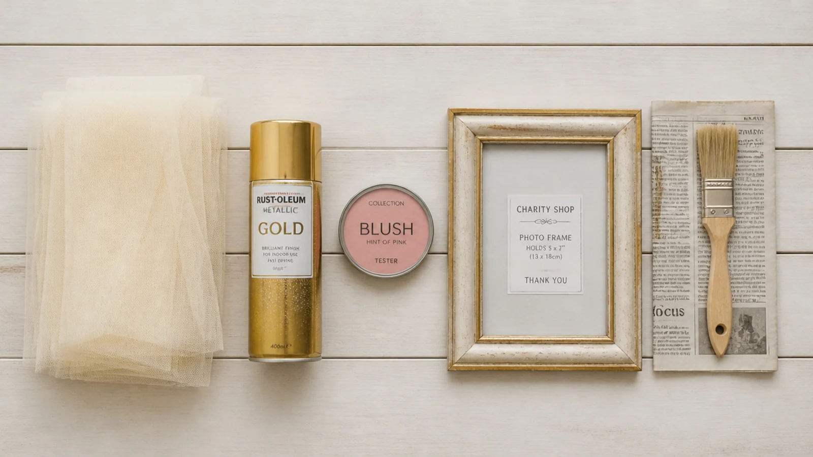 flat lay of tulle gold spray paint and a blush tester pot