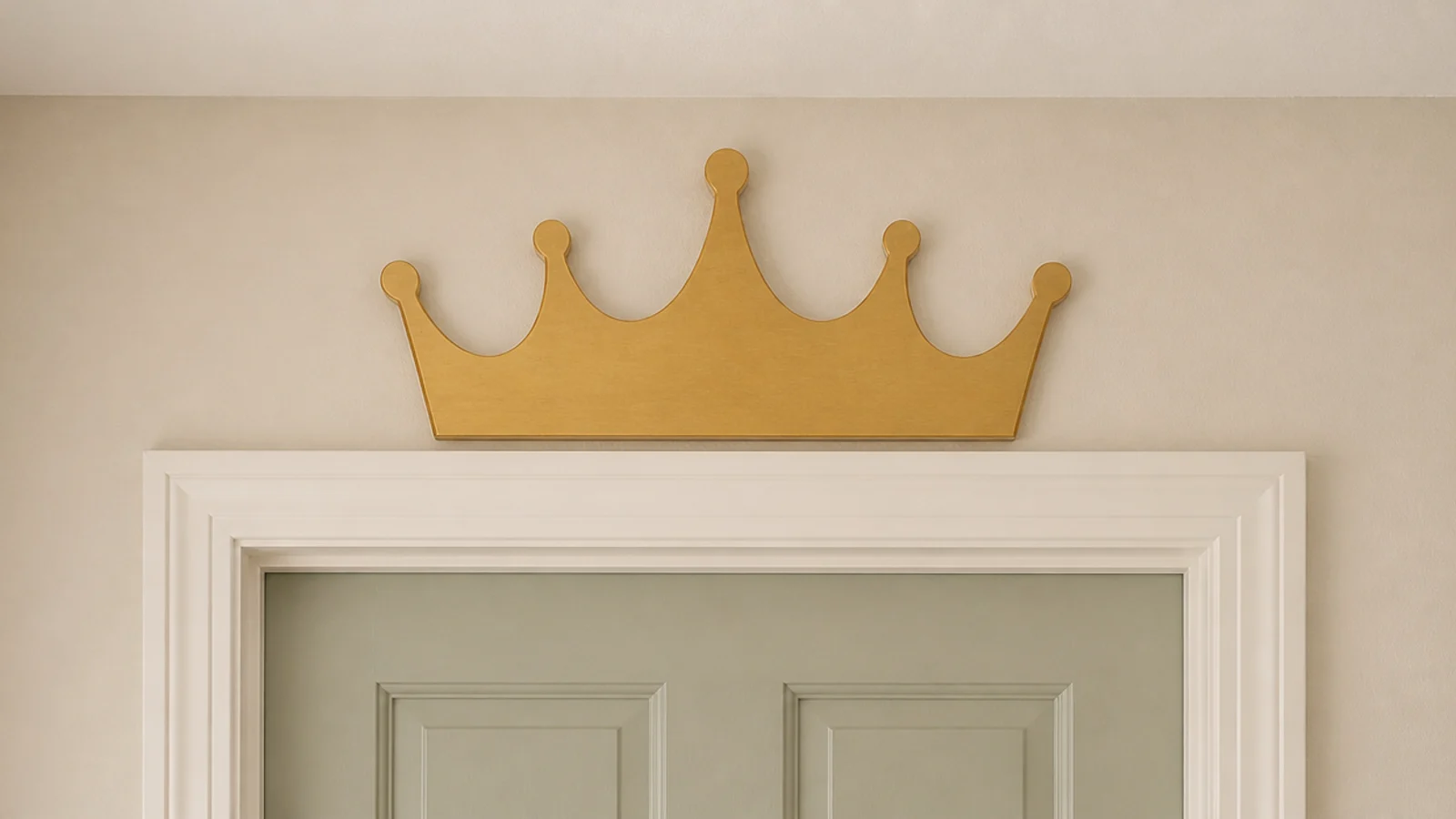 plywood crown shape painted gold mounted high above a doorway