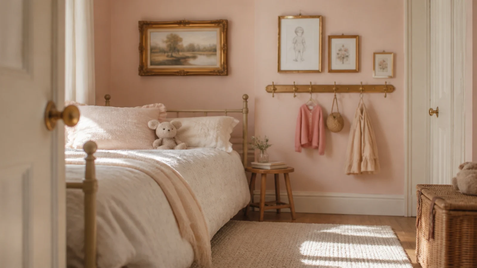 blush walls with warm gold accents in a calm child bedroom