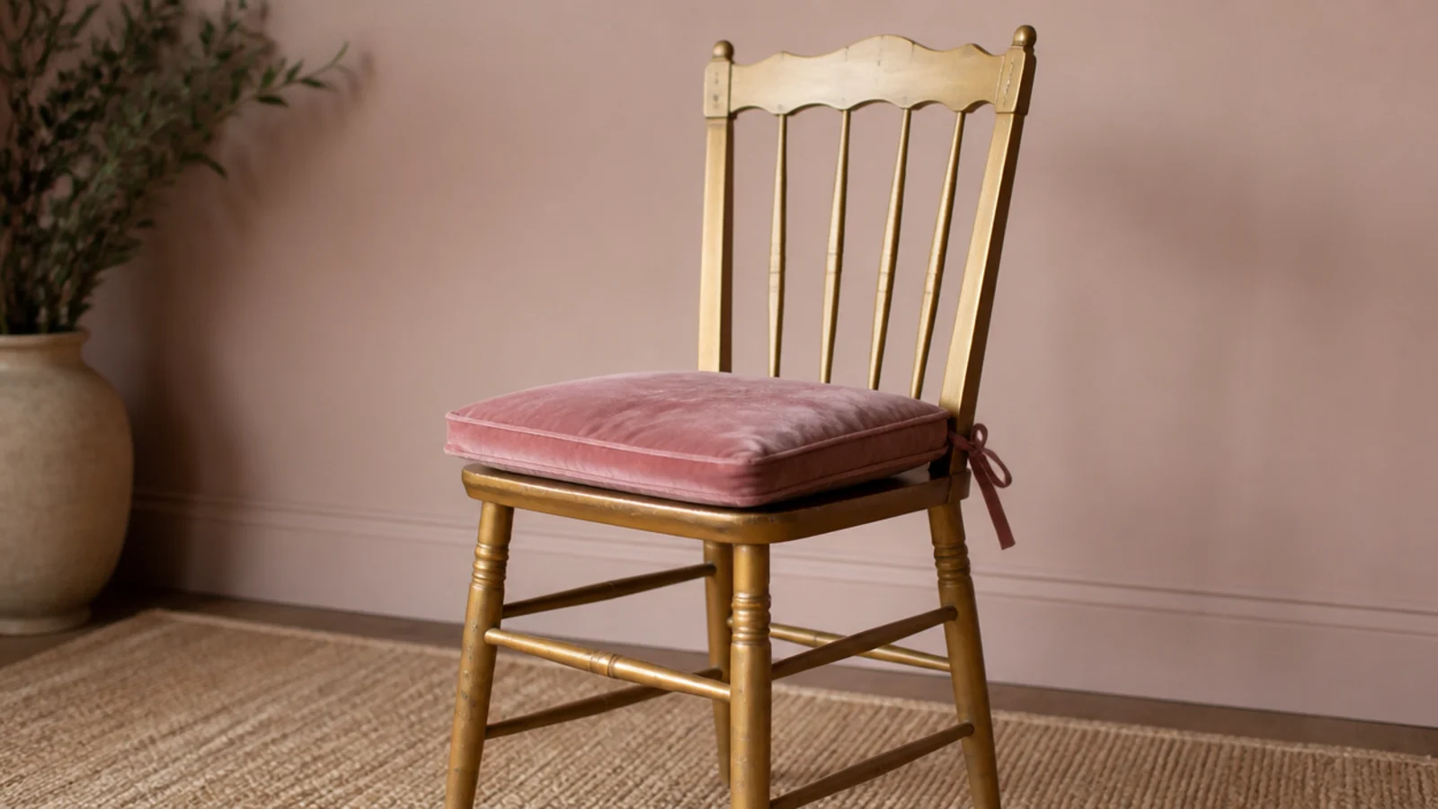 small wooden chair painted gold with a velvet seat cushion