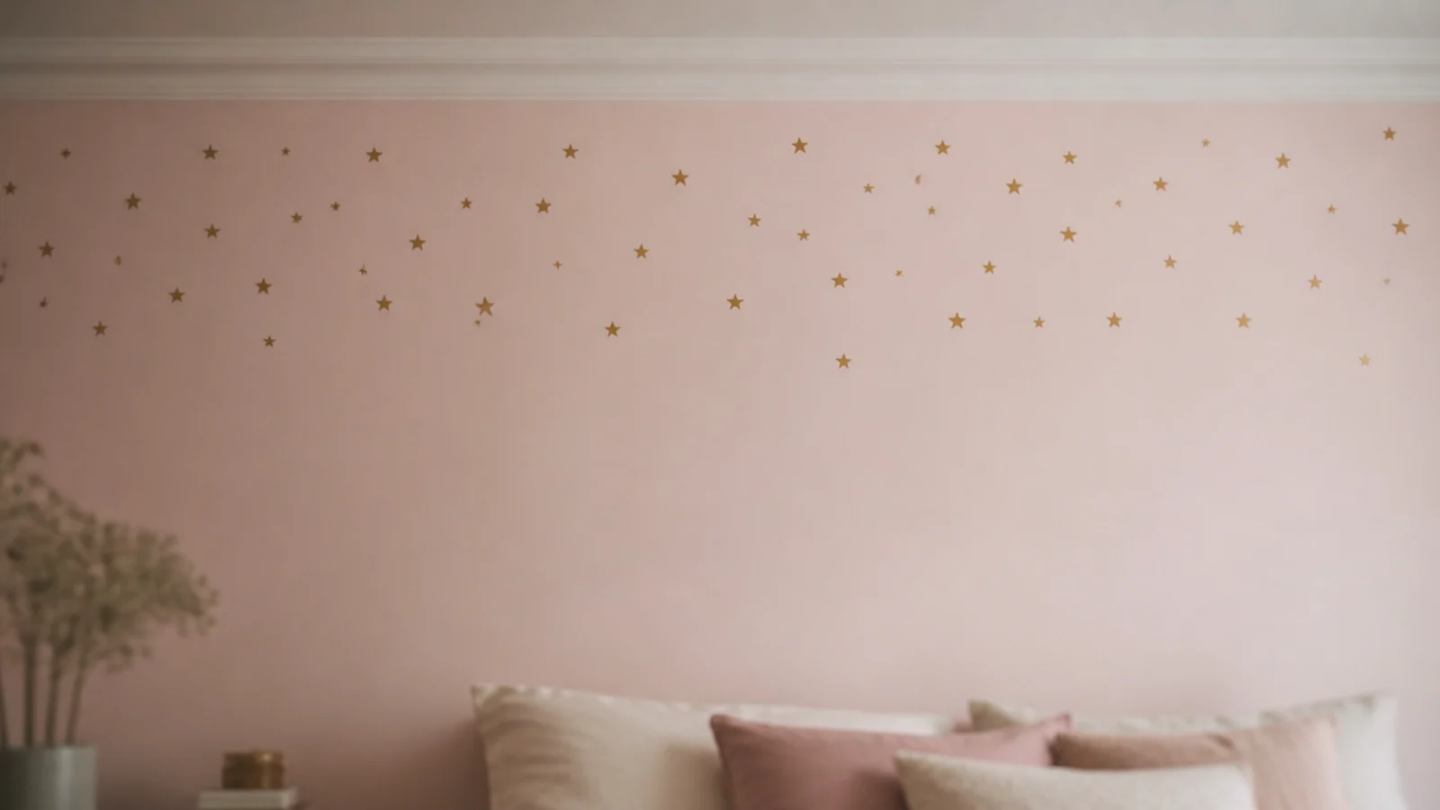 small matte gold star decals scattered high on a bedroom wall