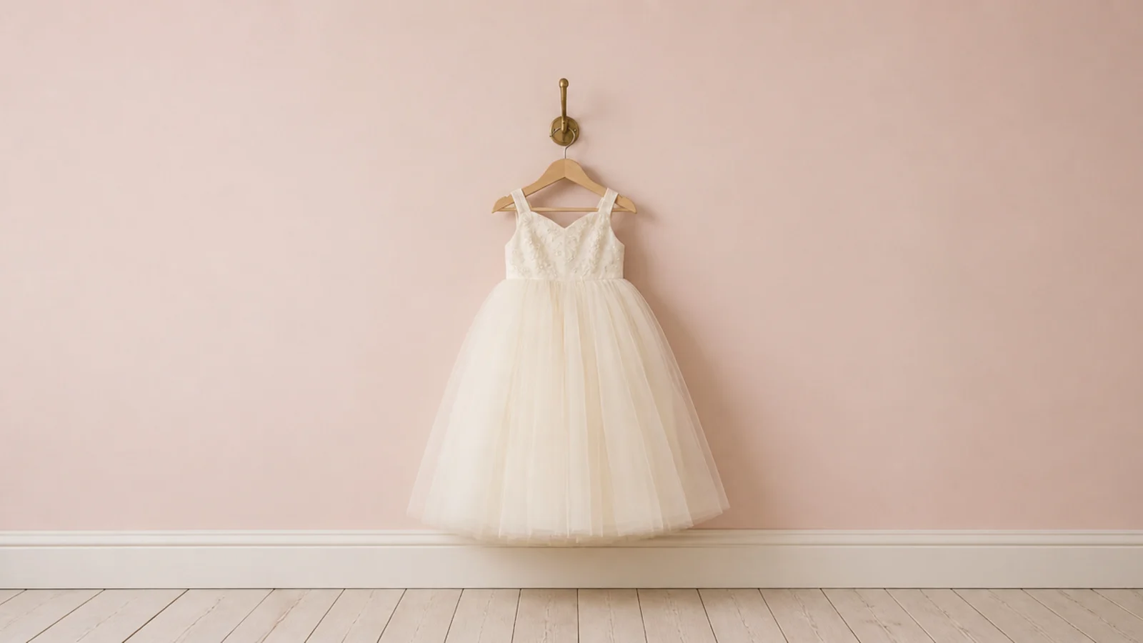 single brass hook holding a tulle gown against a blush wall