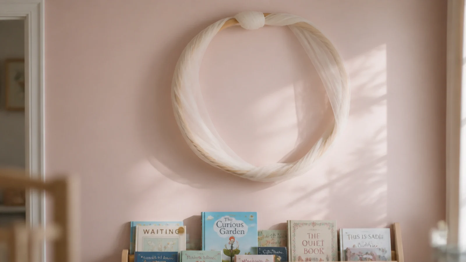 wooden hoop wrapped in tulle mounted high above a low shelf