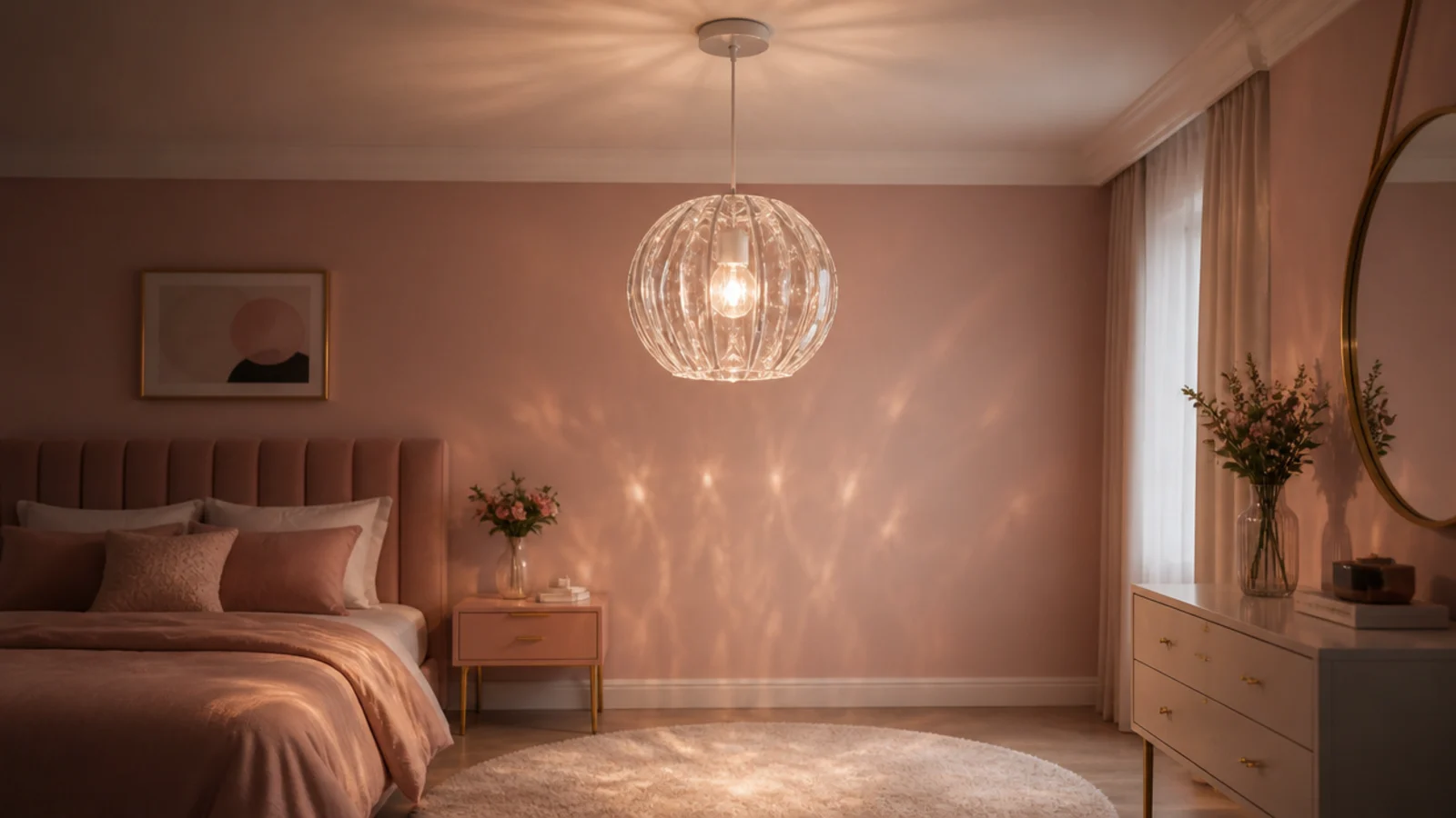acrylic crystal effect pendant shade hanging over open bedroom floor