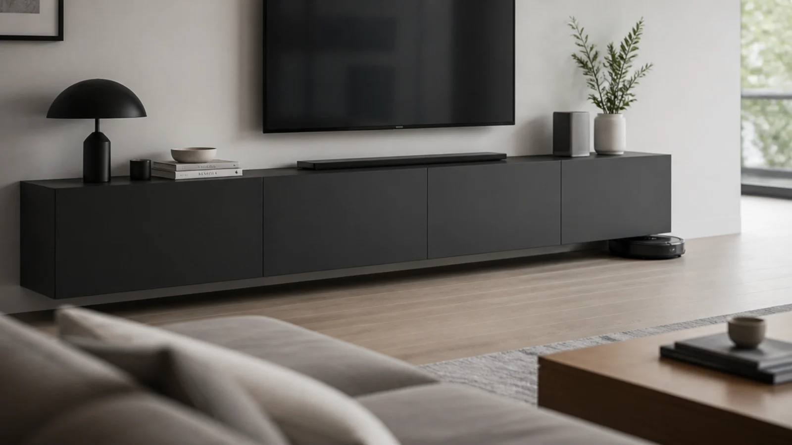 floating media cabinet hung above unbroken floorboards in a living room