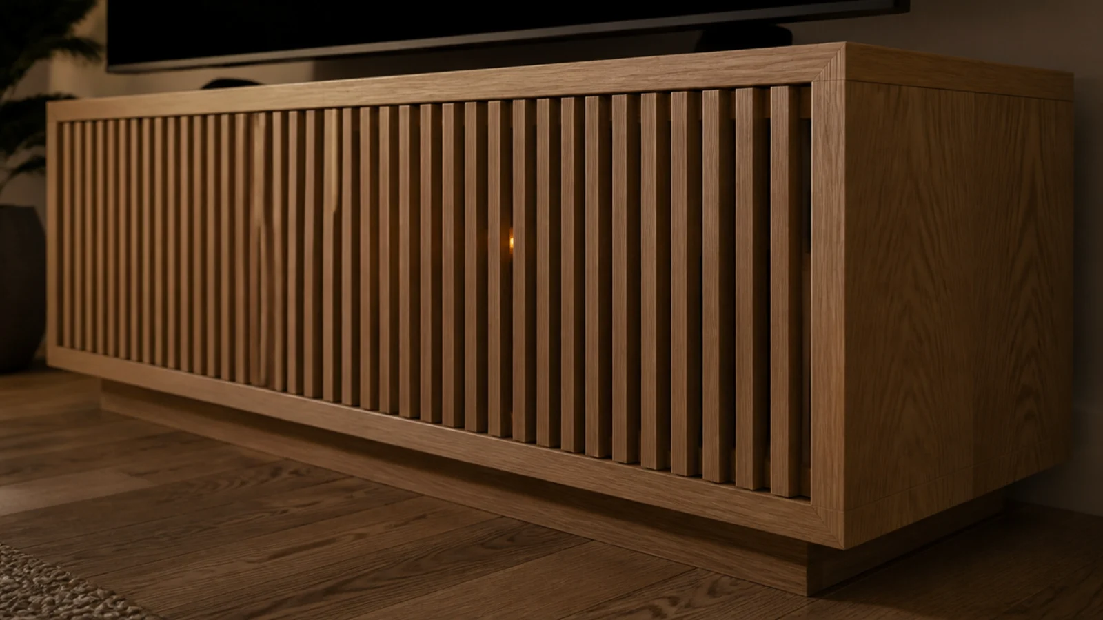 slatted timber doors on a media cabinet with even shadow gaps