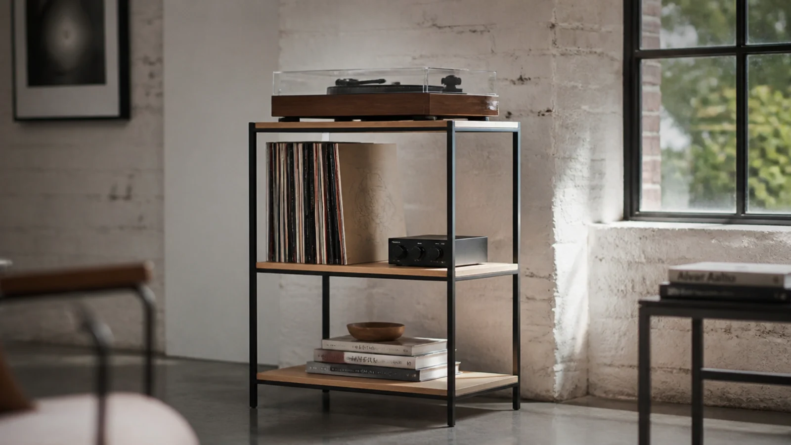 black steel frame carrying plywood shelves holding records and a turntable