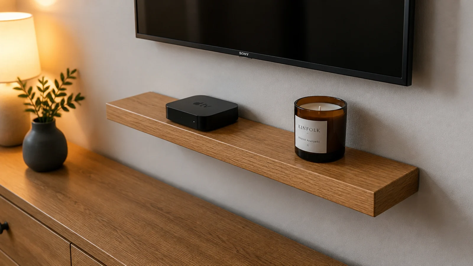 slim floating shelf fixed between a bedroom chest and a mounted screen