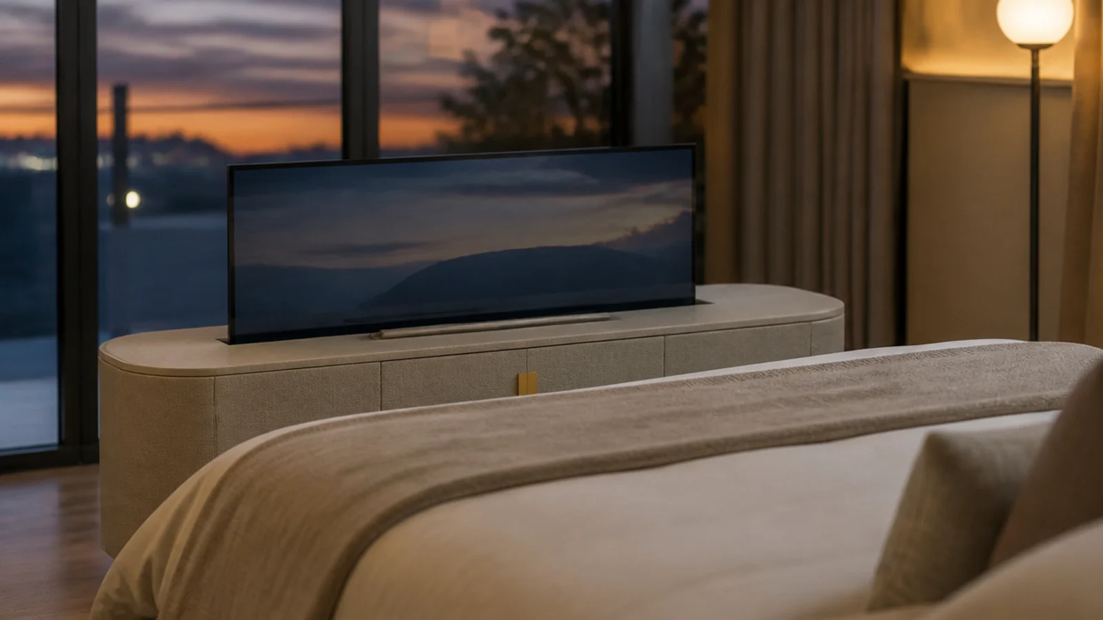 screen rising from a low cabinet placed across the end of a bed