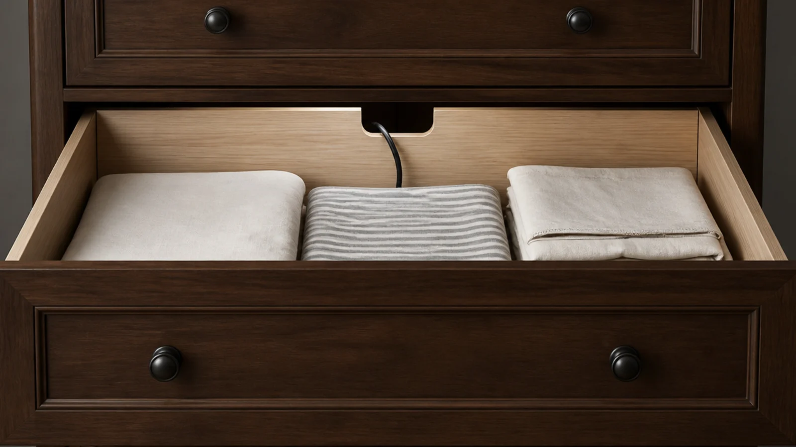 cable notch cut into the back panel of a bedroom dresser drawer
