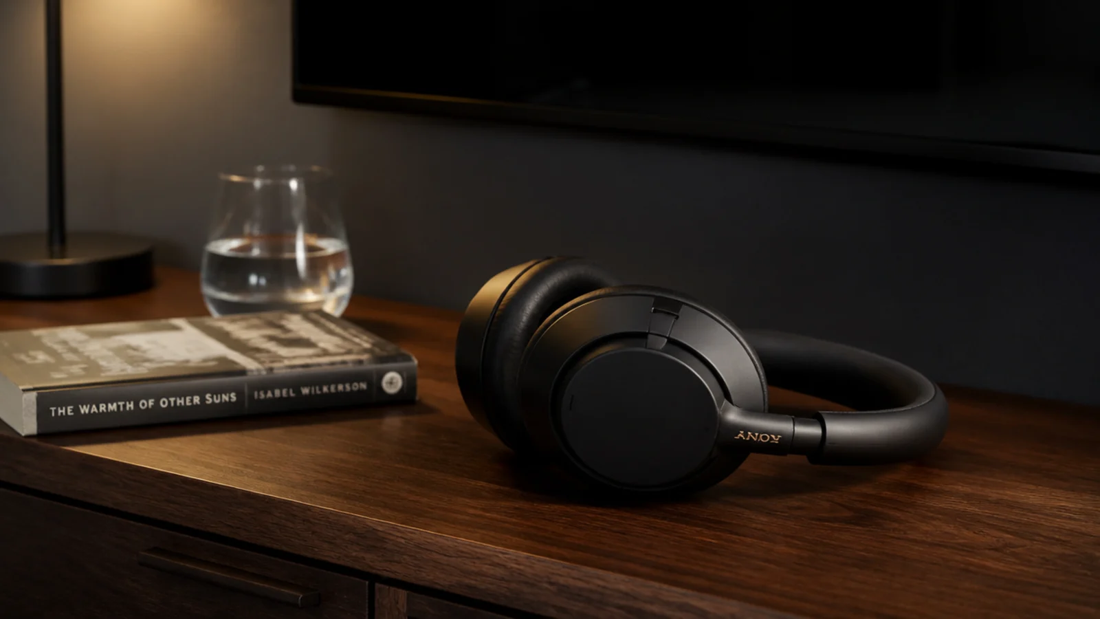 wireless headphones resting on a bedroom media chest beside a book
