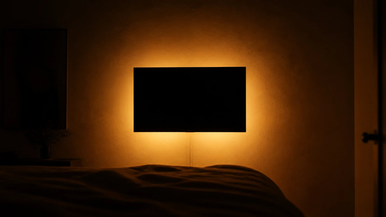 soft amber glow behind a bedroom screen in a darkened room