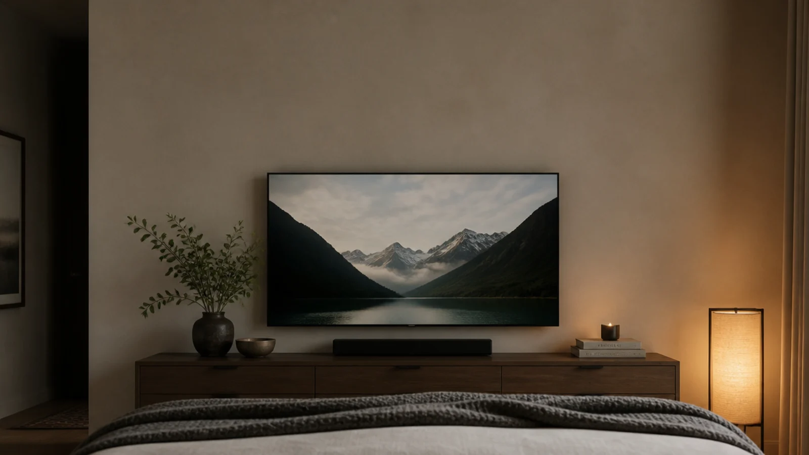 tall bedroom TV unit view with a screen above a dresser facing the bed