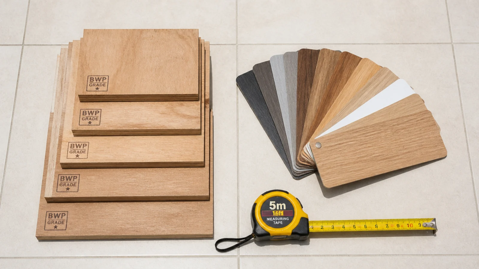 plywood samples and laminate swatches spread out for a media unit