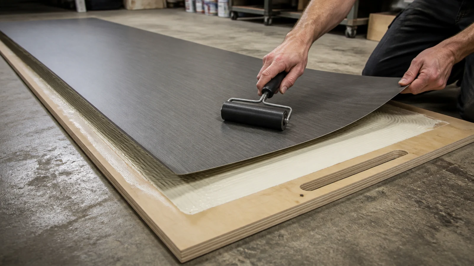 laminate sheet being pressed onto a plywood shutter with adhesive