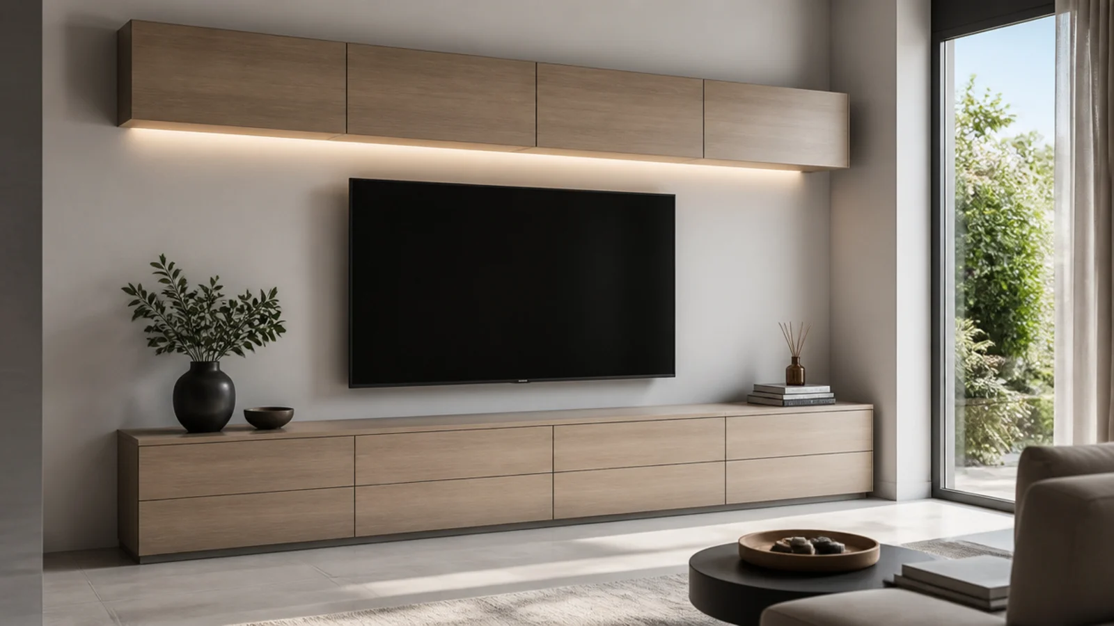 media wall pairing hung upper cabinets with drawers at floor level