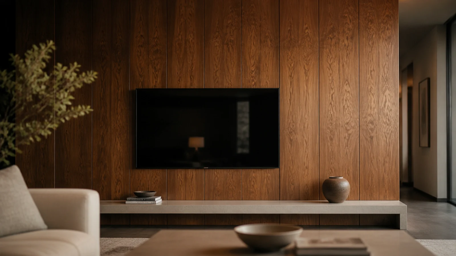 full height veneer panelling running behind a mounted television