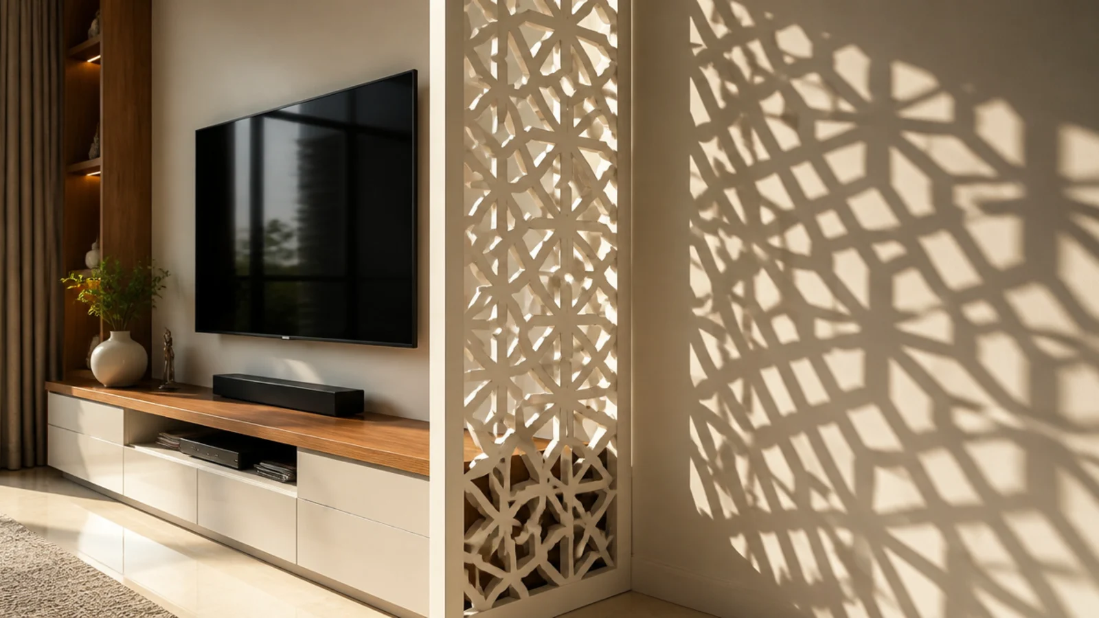 carved jaali screen panel casting patterned shadows beside a screen