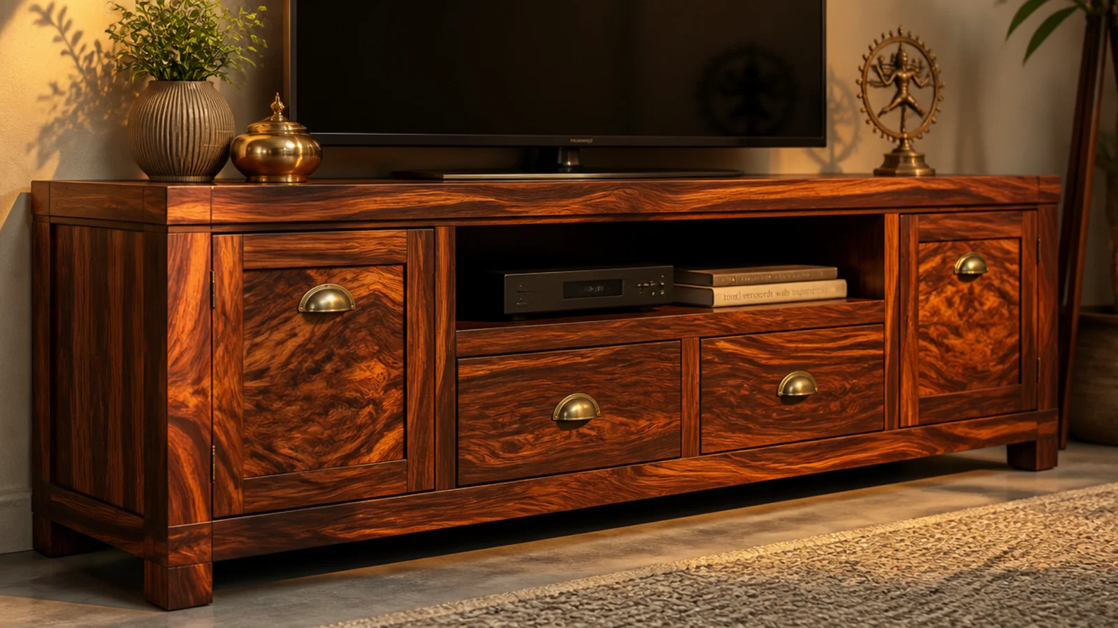 sheesham timber media unit with deep reddish grain and brass pulls
