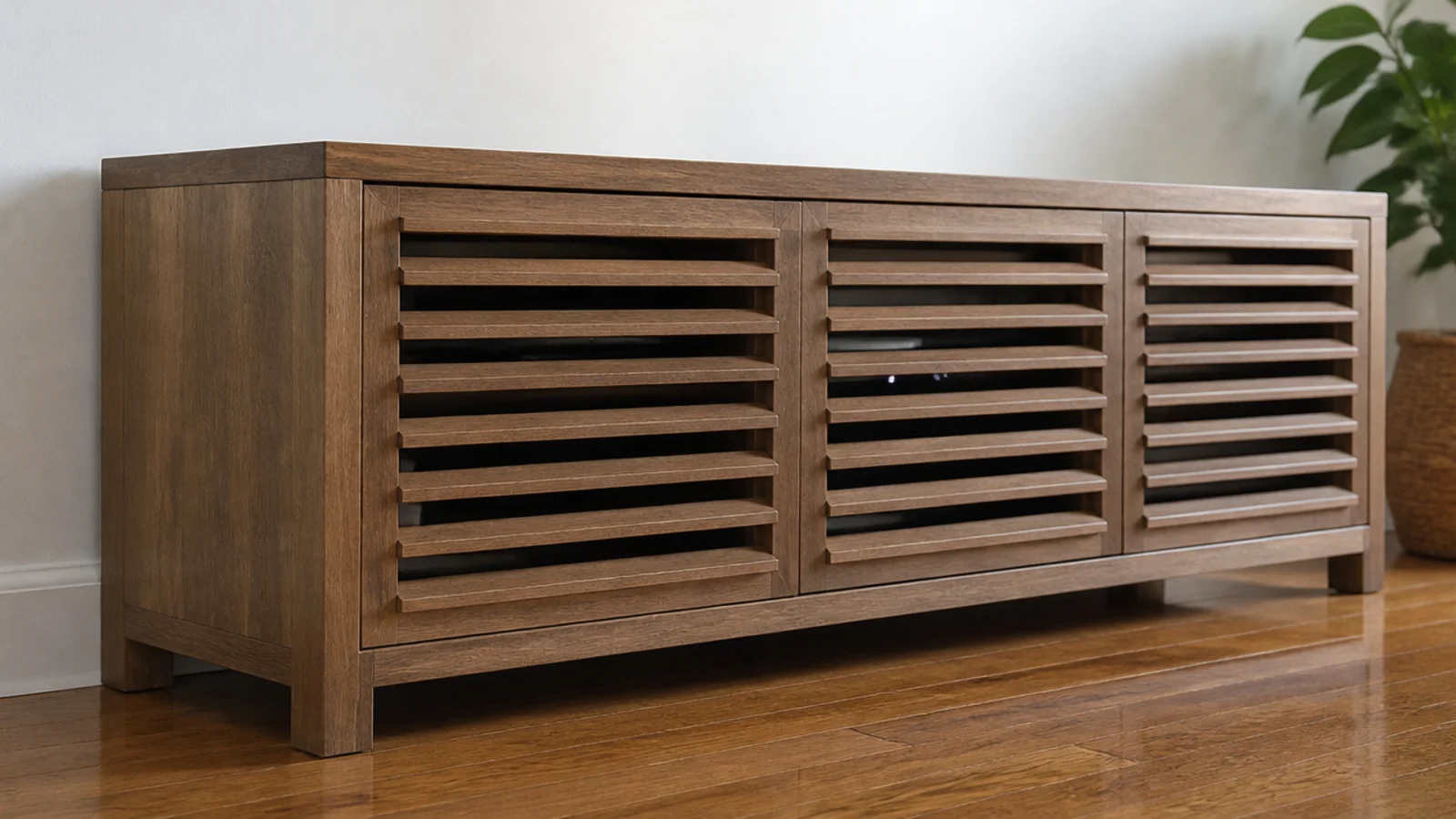 louvred timber shutters on a media cabinet with angled slats