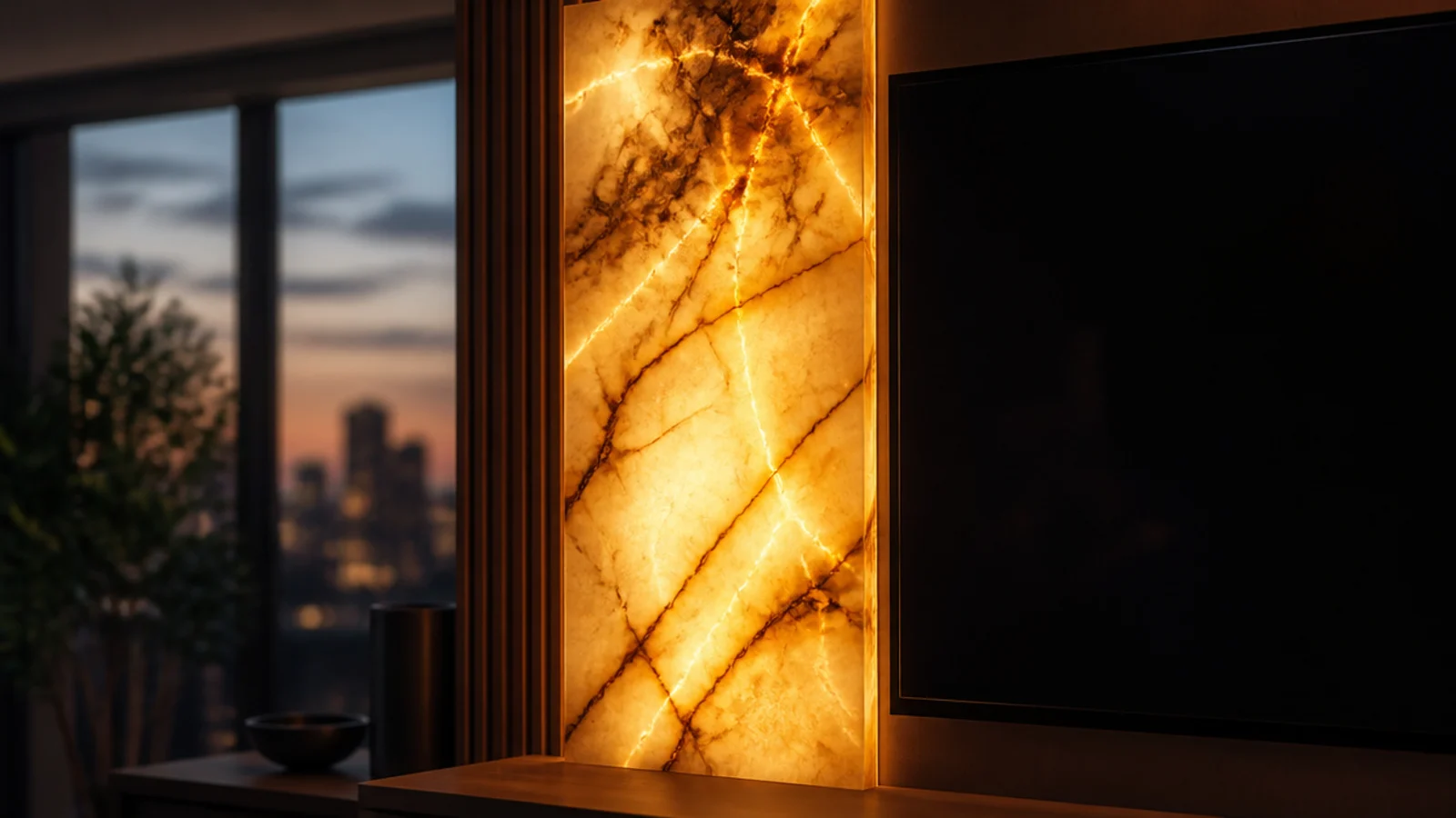 translucent stone effect panel glowing softly beside a television