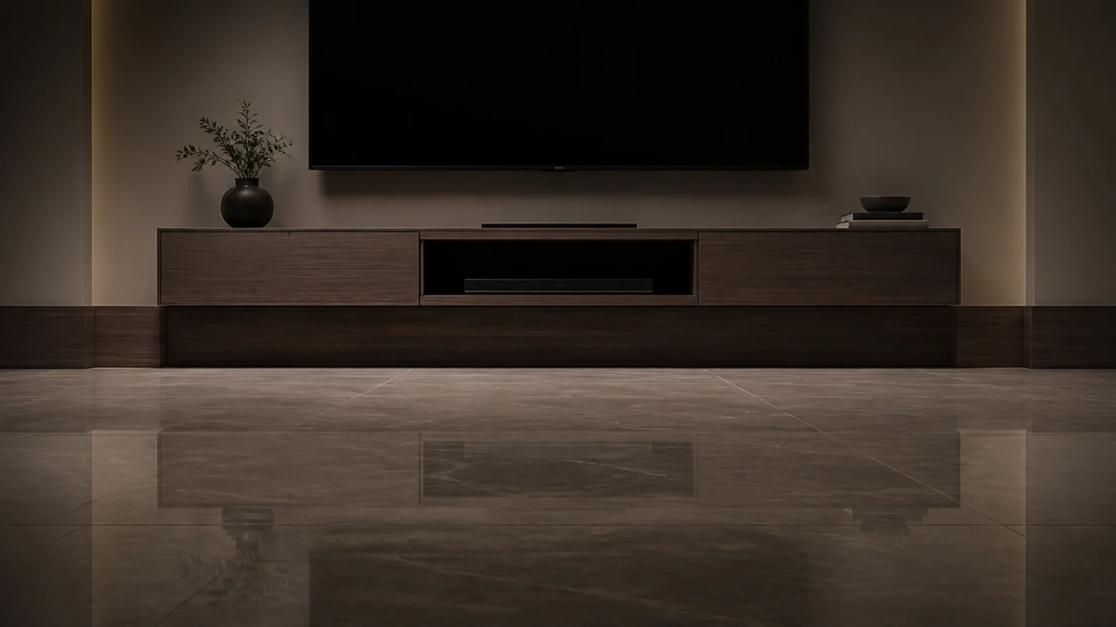 media unit laminate continuing into a matching skirting detail