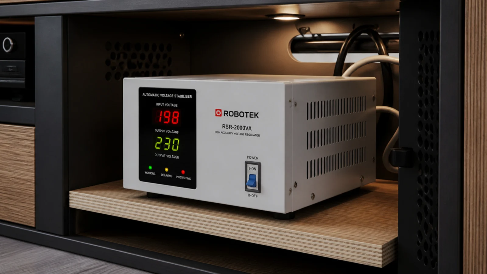 voltage stabiliser standing in a ventilated bay within a media unit