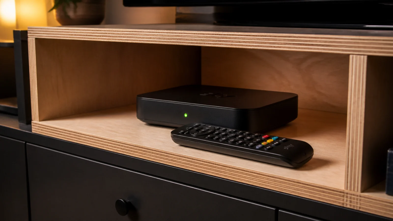 set top box on an open shelf with a clear path for its remote