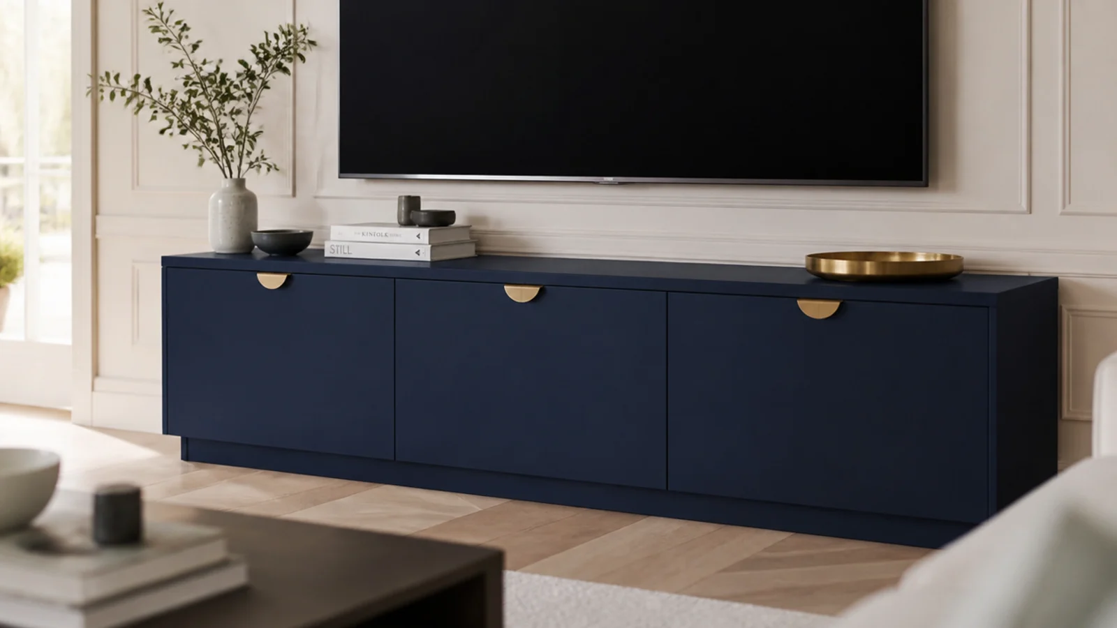 deep indigo laminate shutters set against pale wall panelling