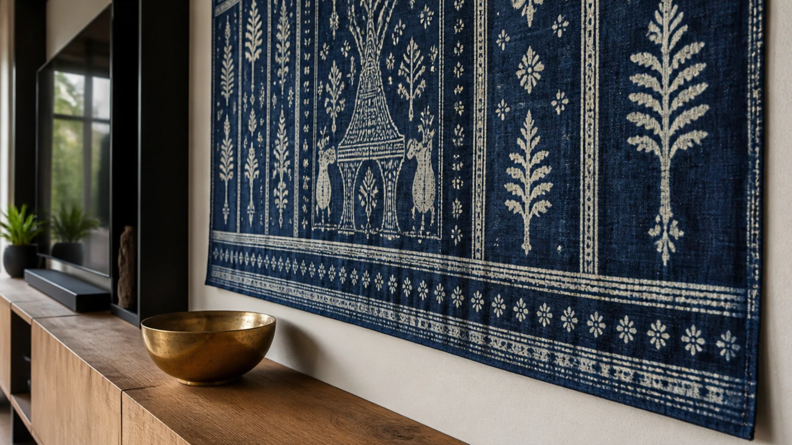 block printed cotton panel hung on the wall beside a media unit