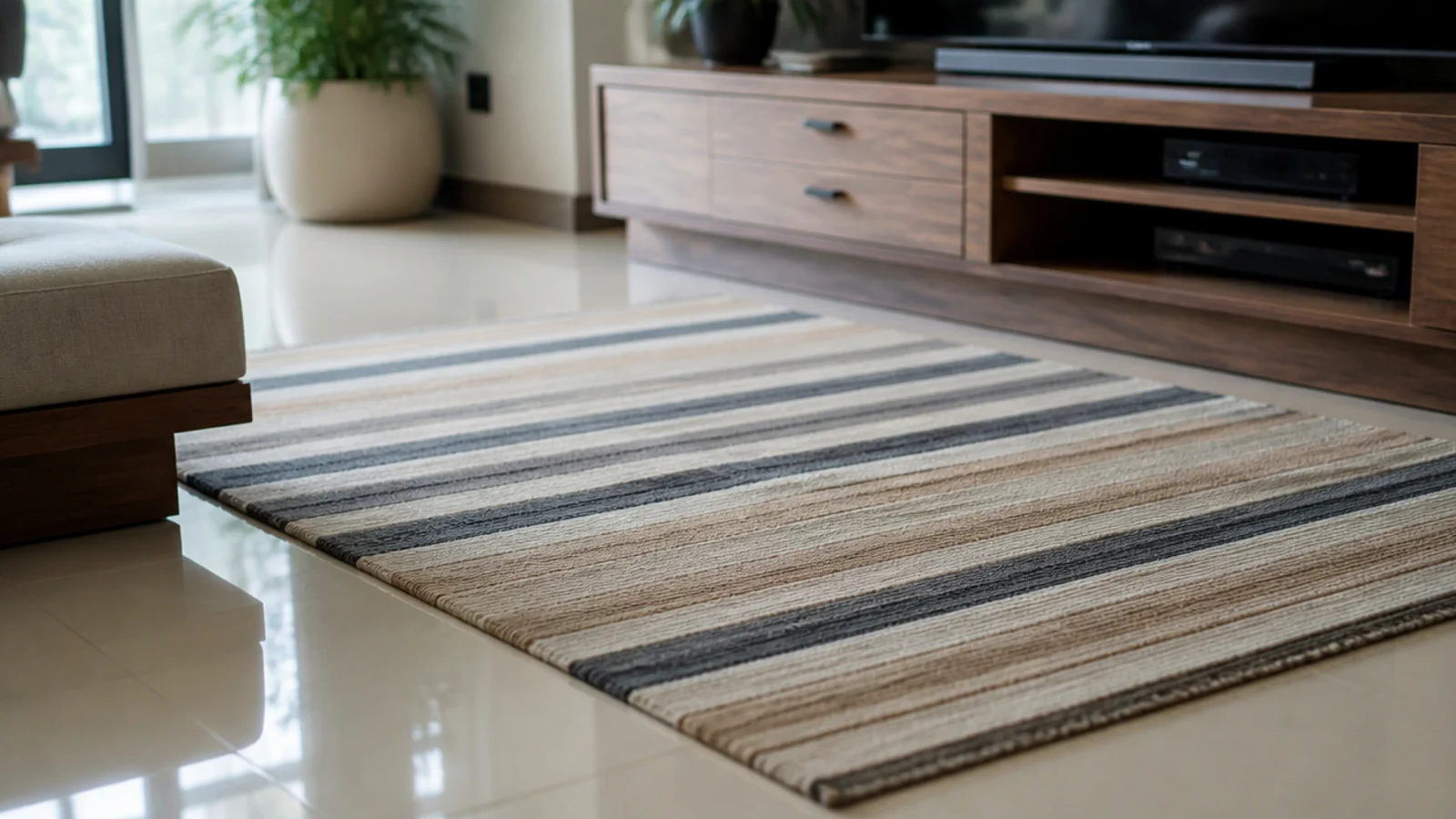 flatweave dhurrie rug laid on tile in front of a media unit