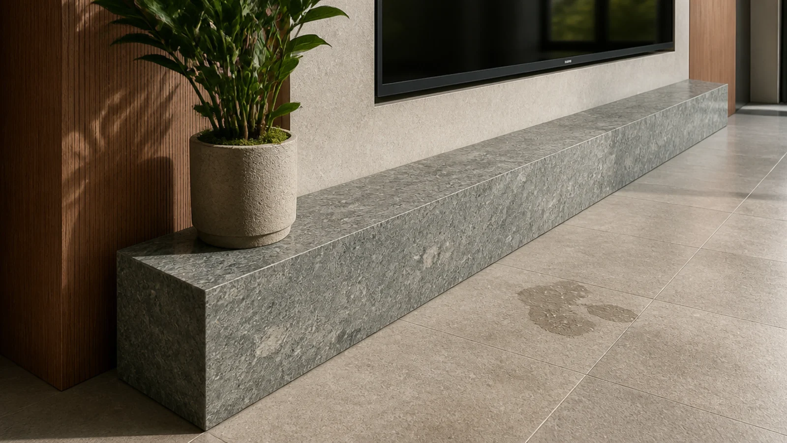 kota stone ledge running along the base of a media wall unit