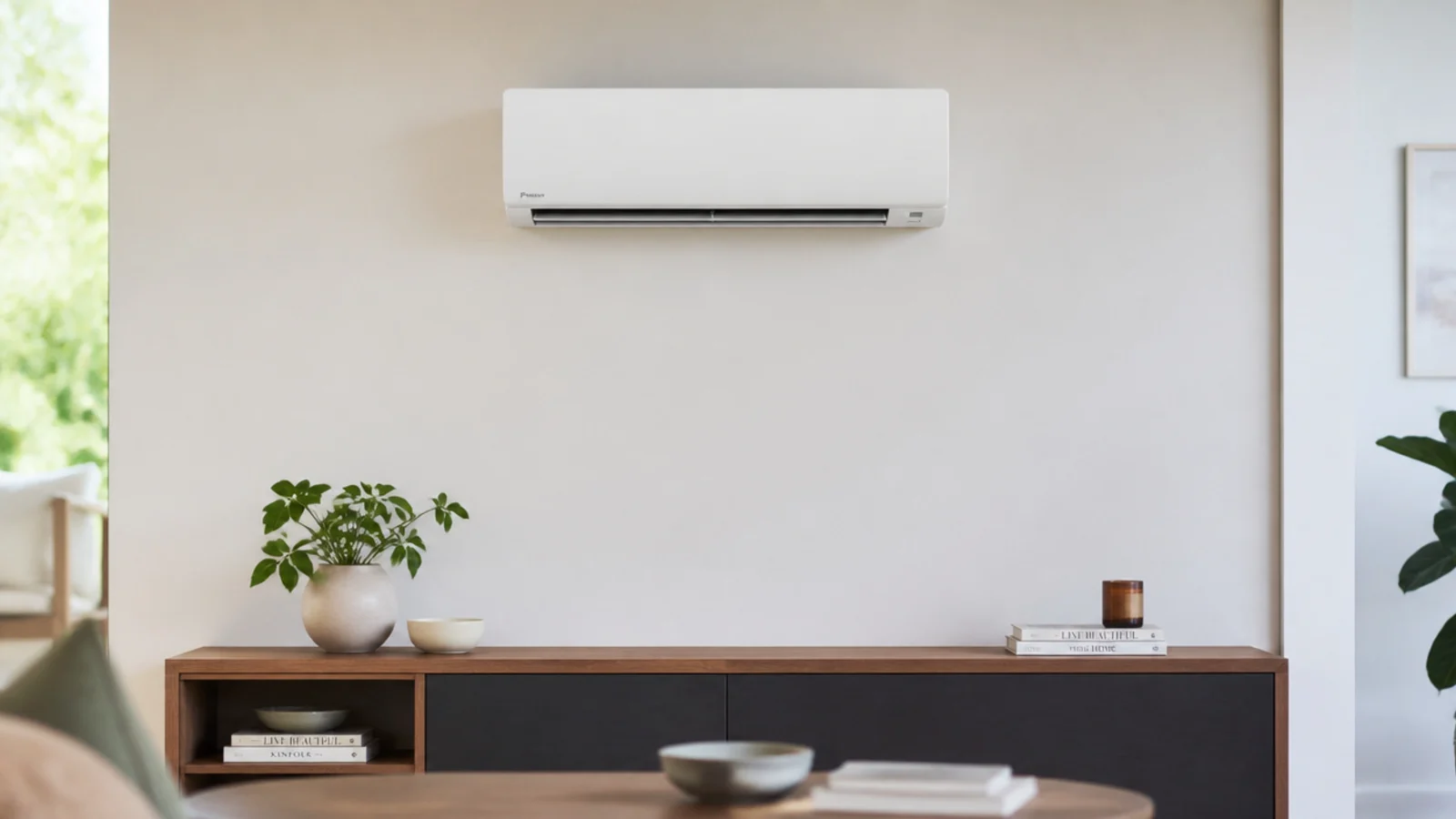 wall mounted air conditioner positioned clear of a media unit