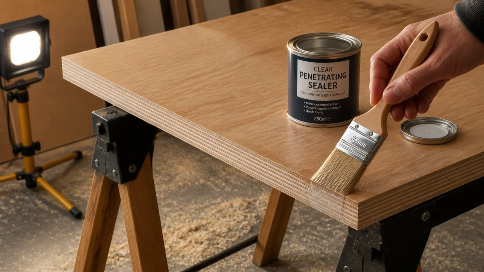 sealant being brushed onto the freshly cut edge of a plywood panel