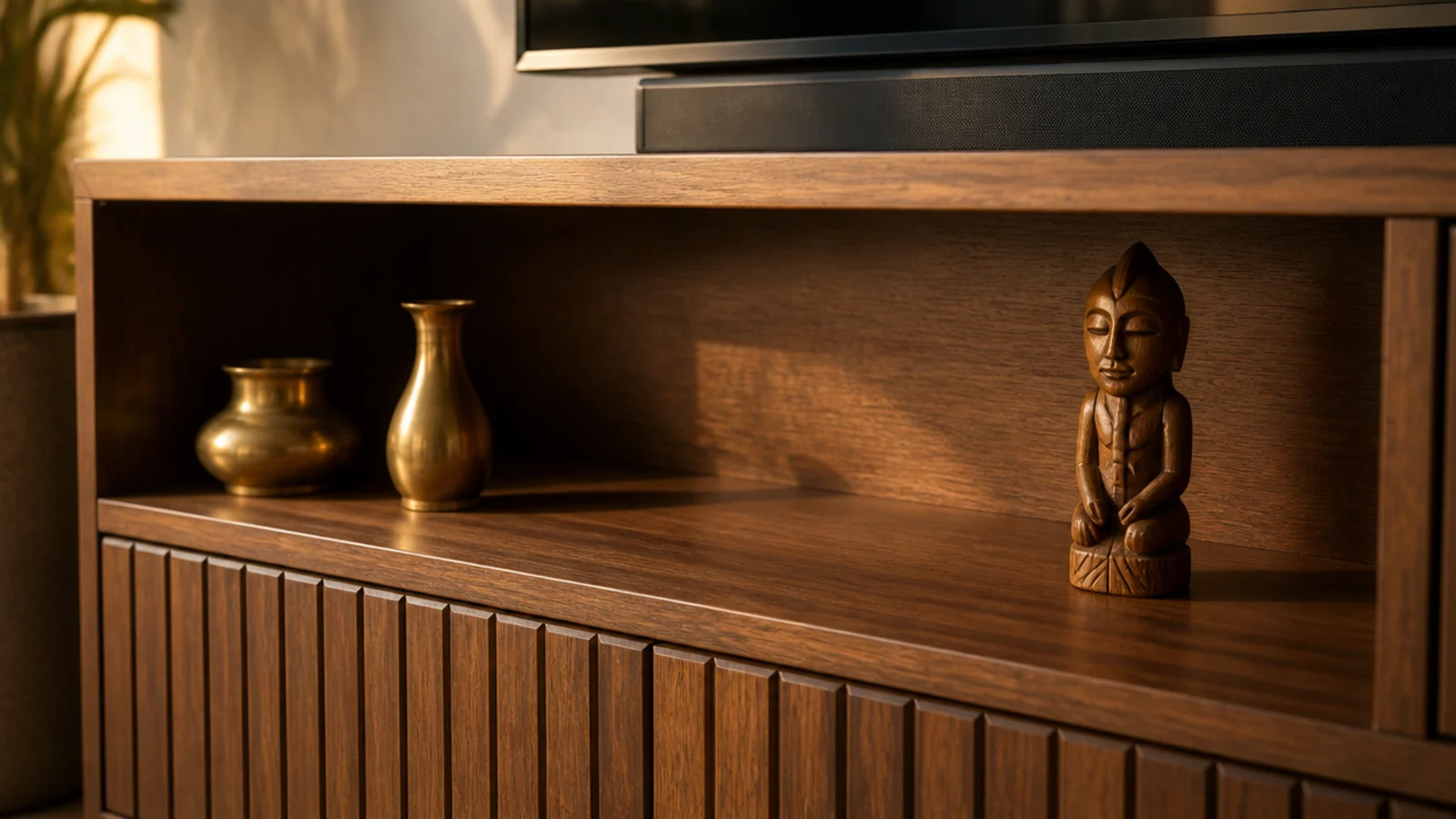 open shelf displaying brass vessels and a small carved figure