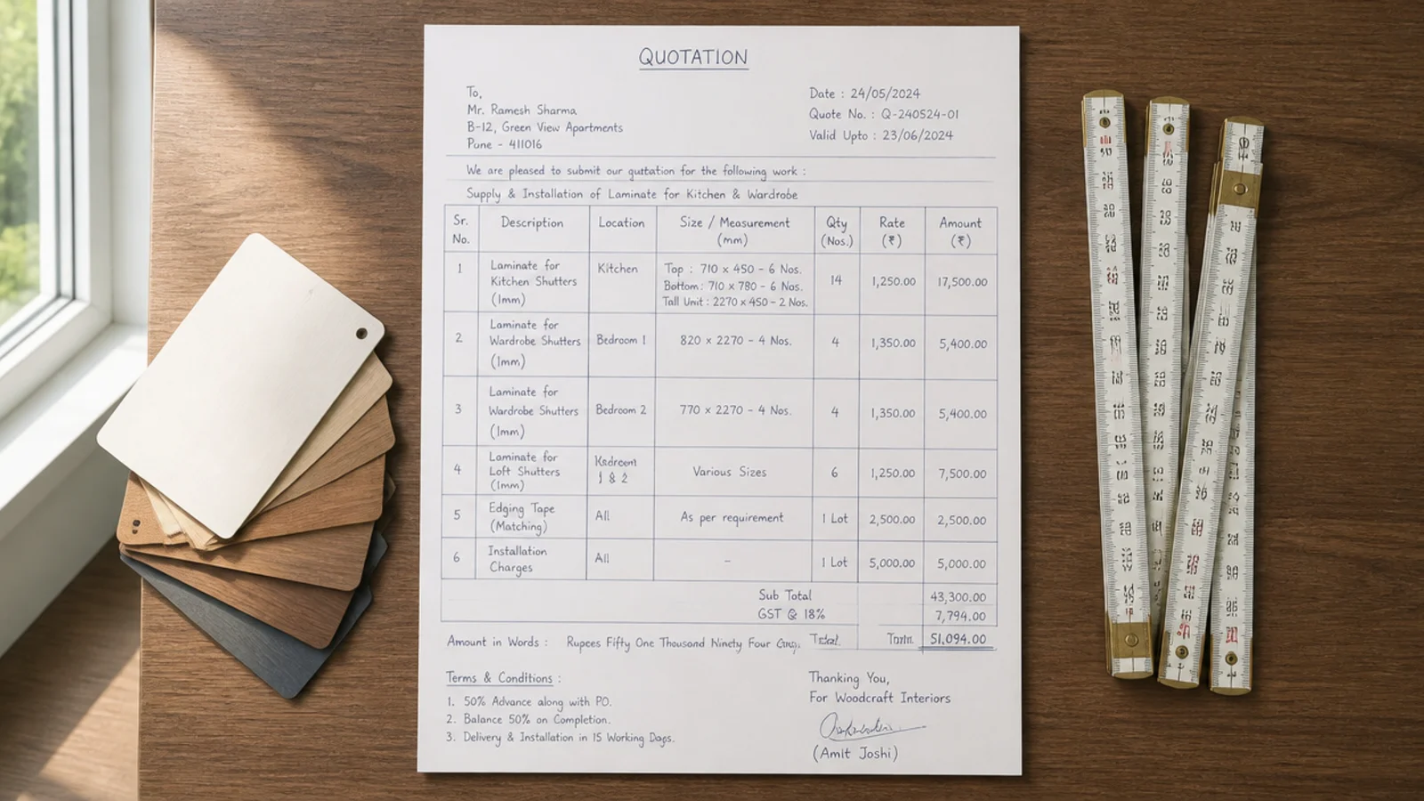 handwritten quotation sheet beside laminate samples on a table