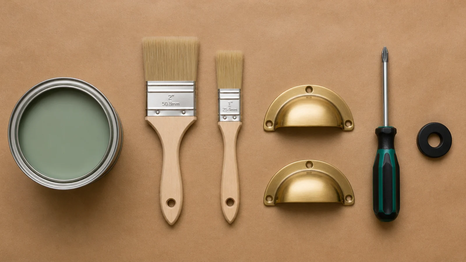 paint tin brushes and cabinet handles laid out ready for an upgrade