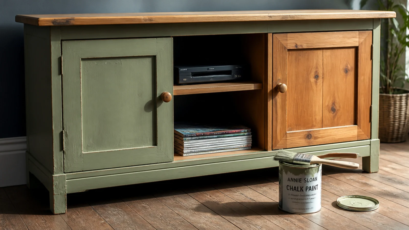 half painted media cabinet showing the old finish beside the new