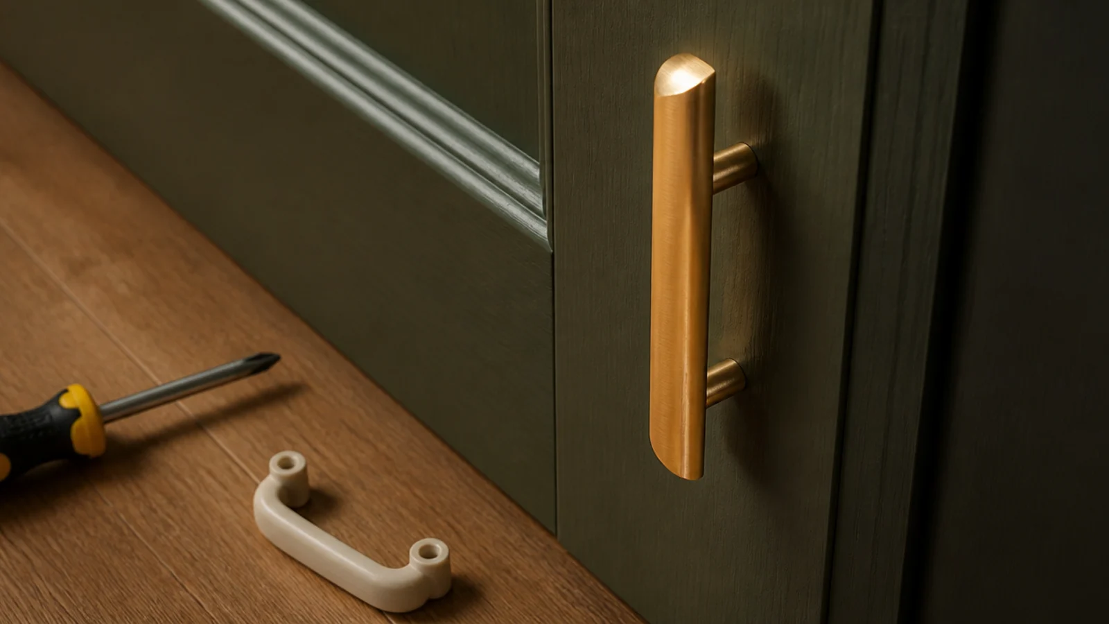 new slim brass pull fitted beside an old plastic cabinet handle